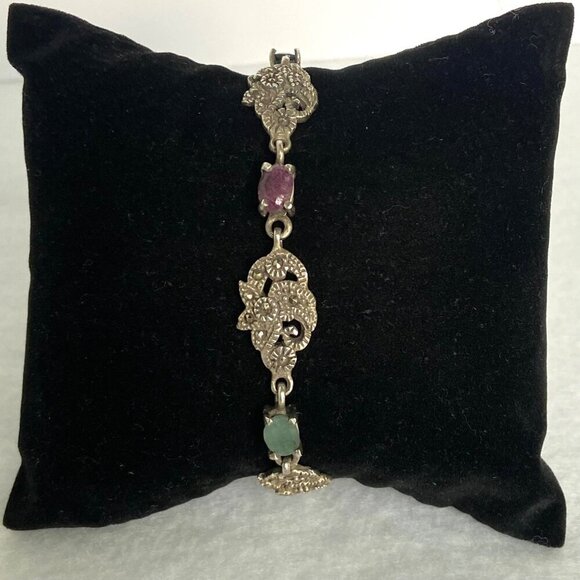 Sterling Silver 925 Multi Gemstone Marcasite Floral Link Bracelet 7.25" - Picture 5 of 16